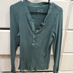 Aerie Women's Ribbed Henley Top - Teal